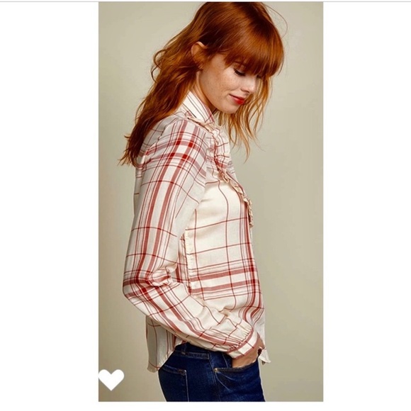 FRAME Ruffle Front Button Down Plaid Shirt. - Picture 3 of 9